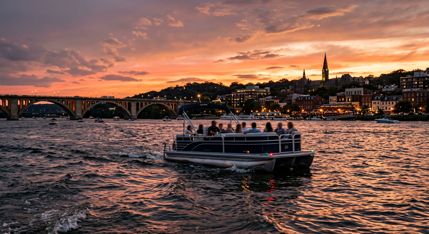 A pontoon boat navigating the choppy, darkening waters of the Potomac River near Georgetown at sunset