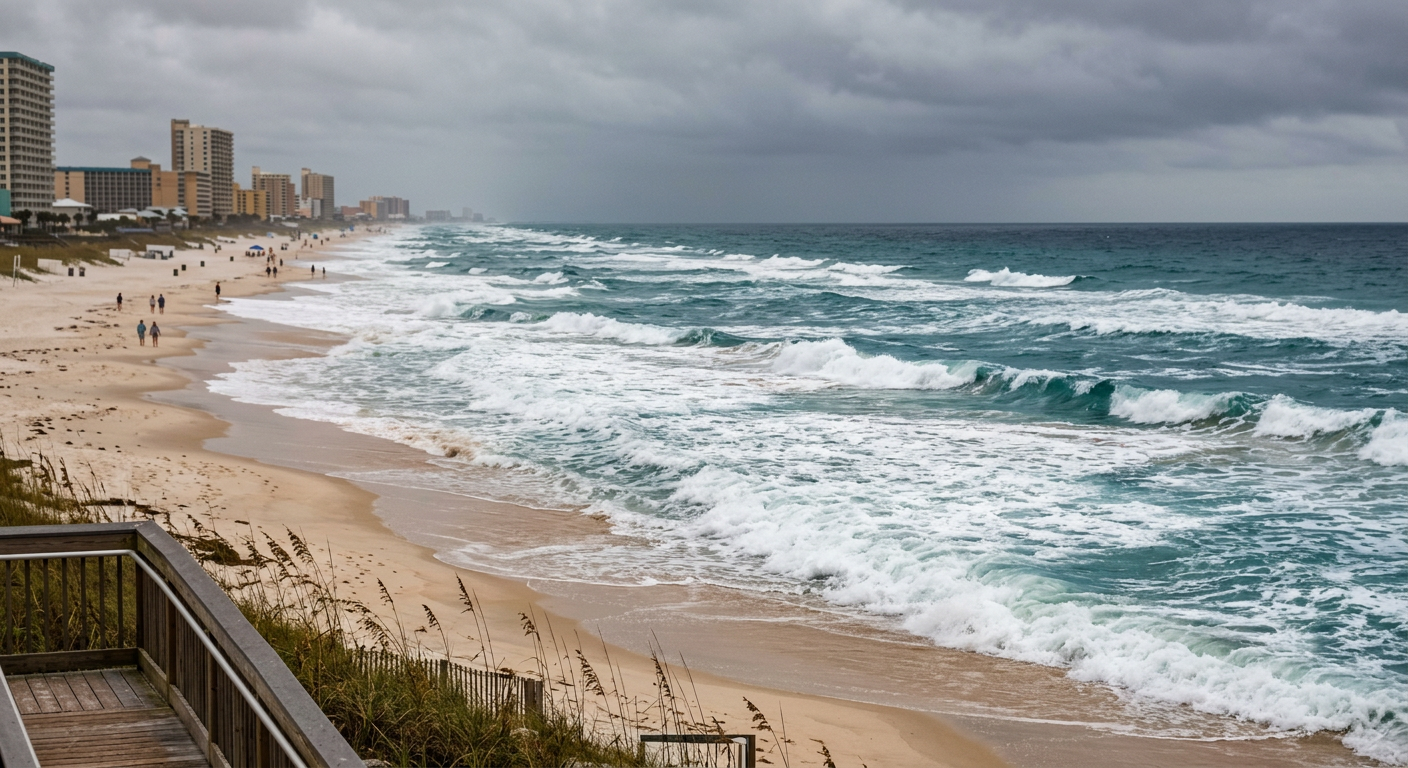 The Gulf of Mexico viewed through a beach monitor showing compressed waves hitting the shoreline under a gray sky.