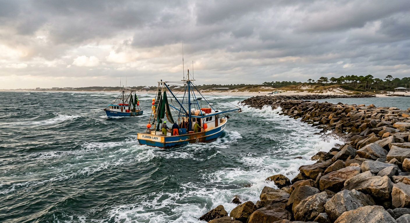 Fishing boats navigating the choppy waters near St. Andrews State Park jetties under a gray sky