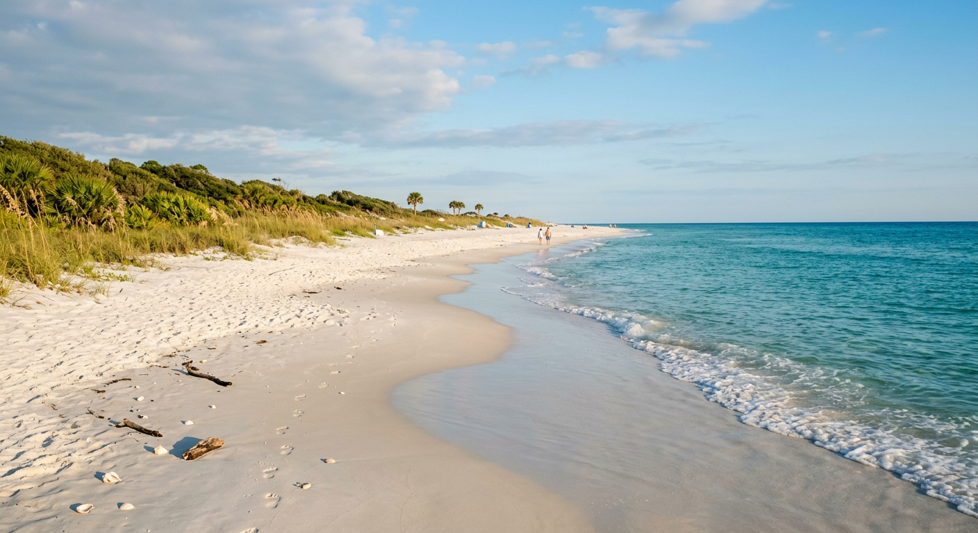 A long stretch of quiet white sand beach in Panama City Beach out of view from the towering condo developments