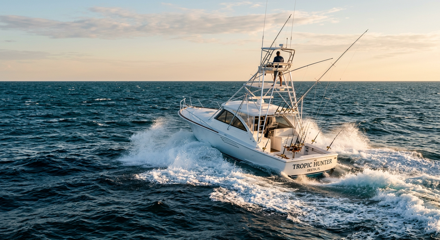 A sportfishing charter boat carving through dark blue swells in the deep waters off the Florida Gulf Coast.