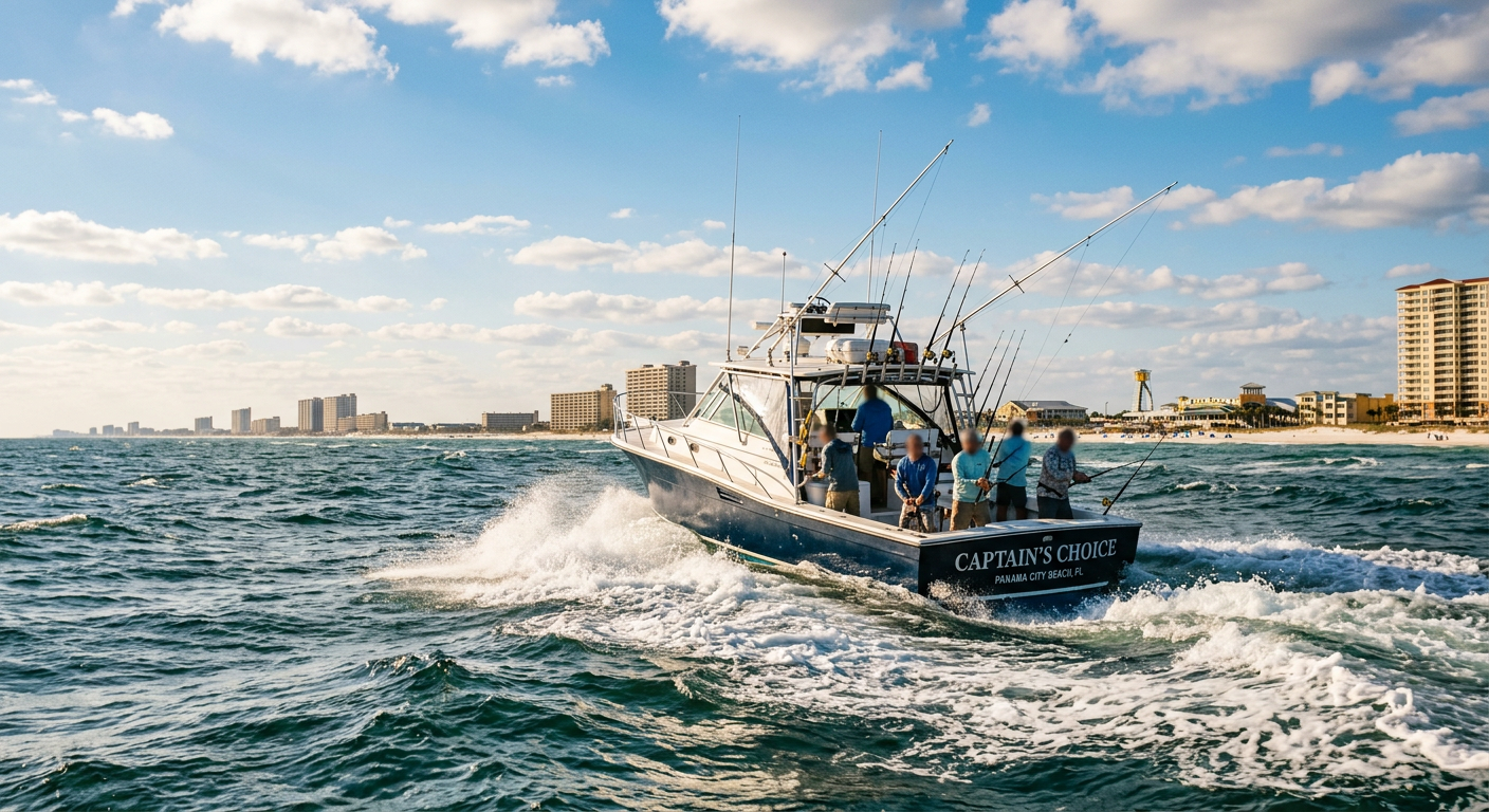 A fishing charter boat cutting through choppy Gulf waves off the coast of Panama City Beach
