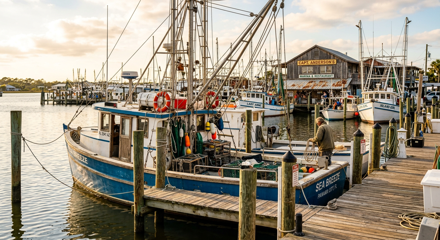 A fishing boat tied up at the wooden docks of Capt. Anderson's Marina at dawn