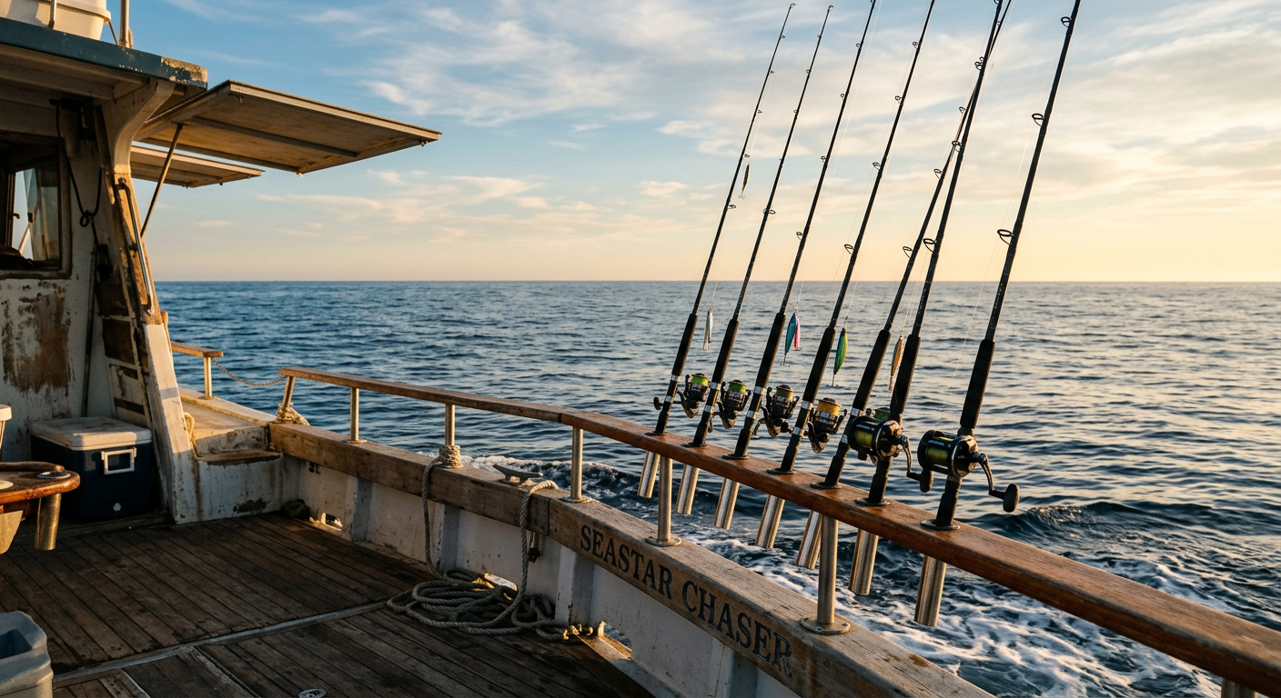 A quiet view of the ocean horizon from the back deck of a charter fishing boat with fishing rods lined up against the rail