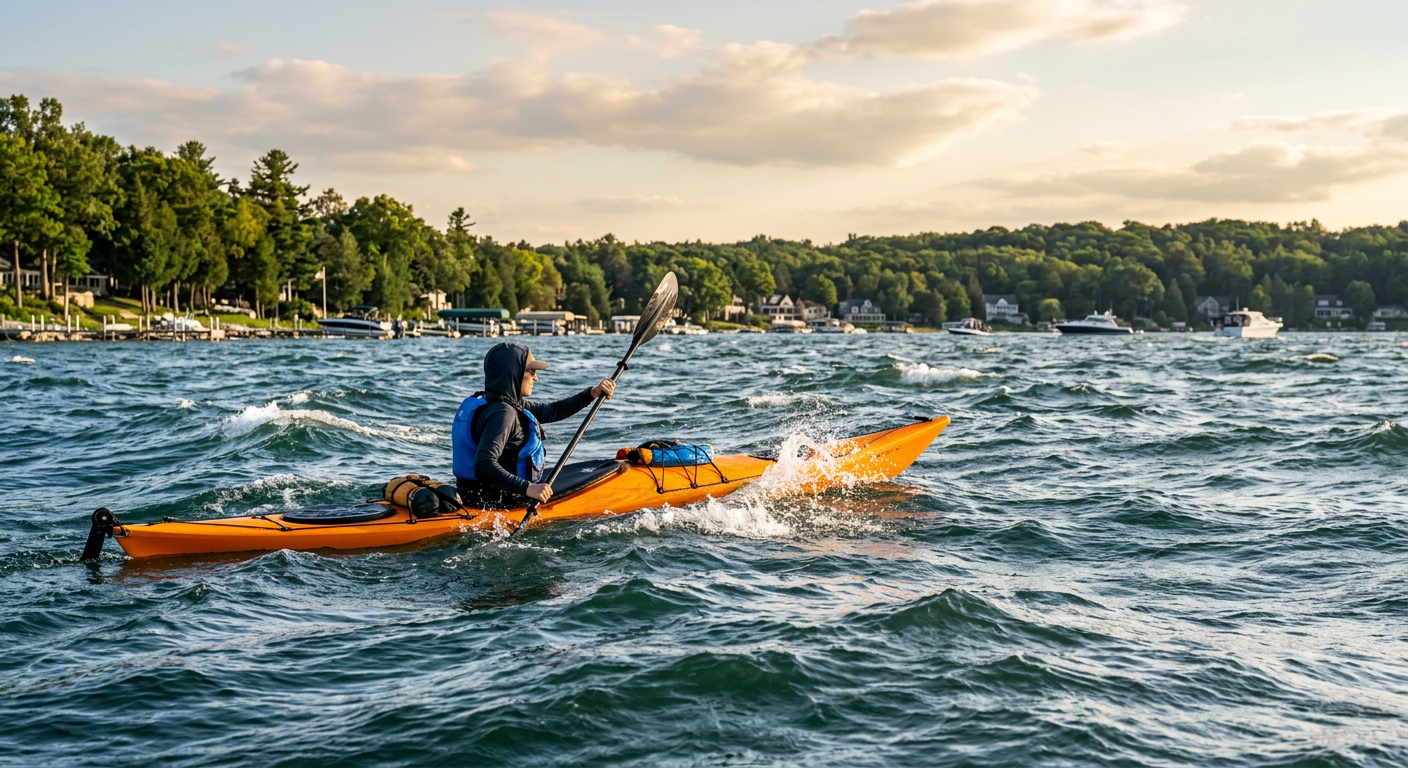 Kayaker navigating choppy water near the main channel of Spring Lake, Michigan