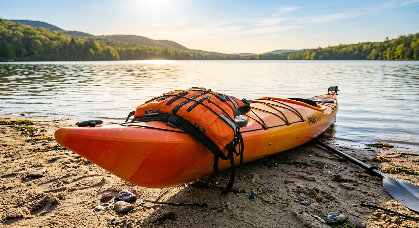 A bright orange life jacket strapped to the deck of a kayak resting on a sandy Spring Lake shoreline