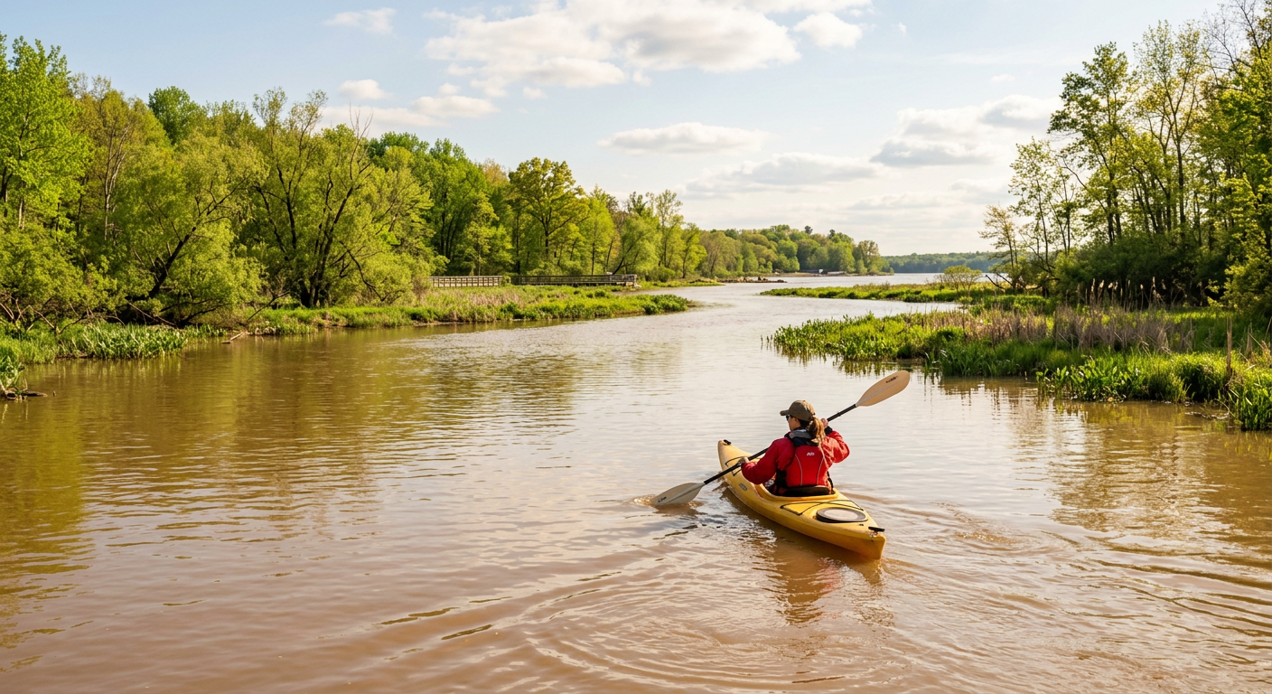 Kayaker paddling through flat but muddy water where Spring Lake meets the Grand River