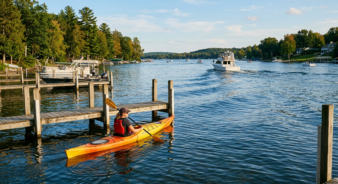 A kayaker hugging the shoreline near wooden docks to avoid large boat wakes on Spring Lake