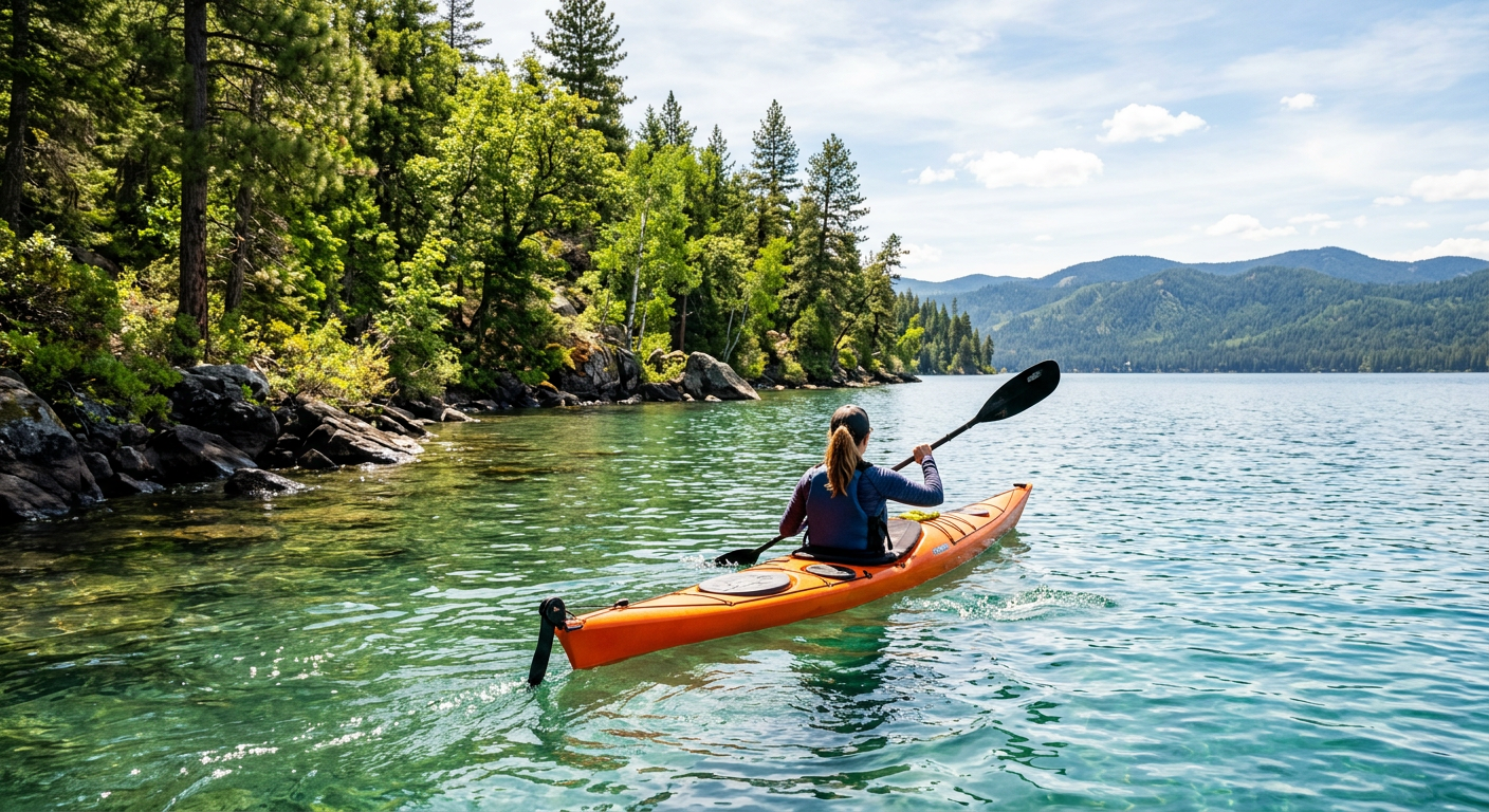 Kayaker navigating near the shoreline of Spring Lake during bright afternoon sunlight