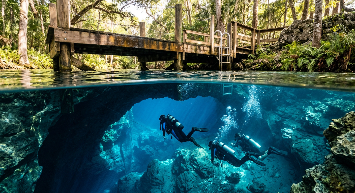 Scuba divers descending into the cavern entrance at Blue Grotto Florida with a wooden dock overhead