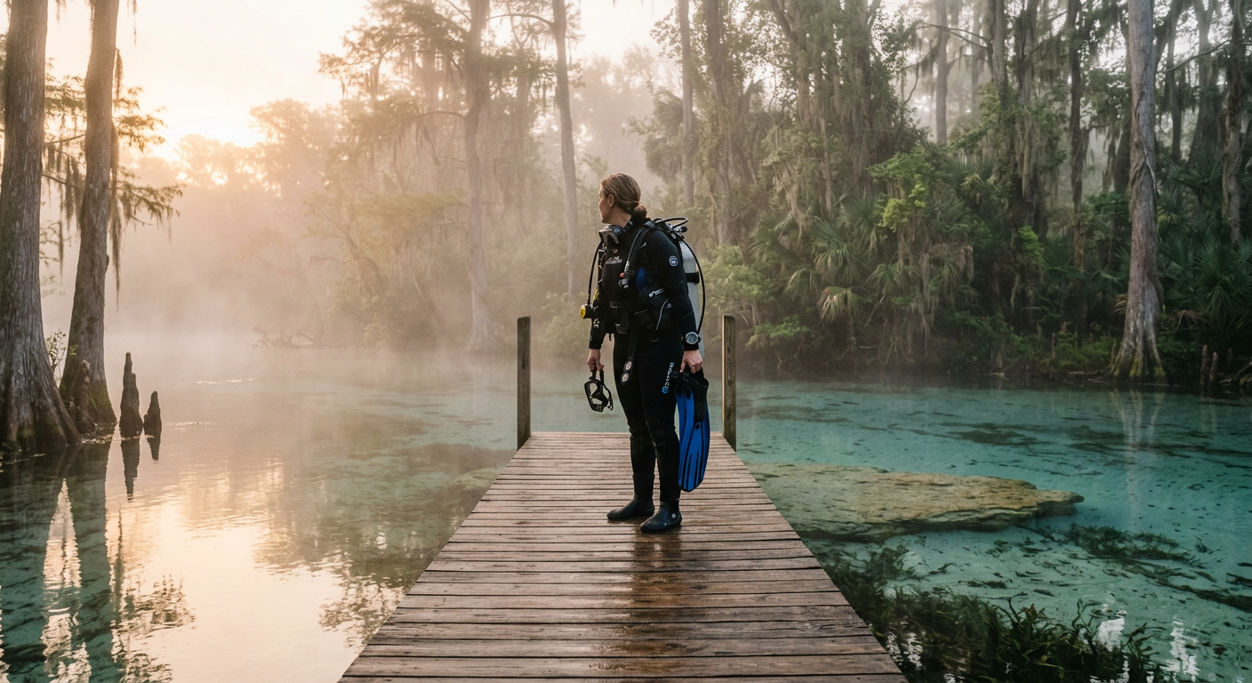 A scuba diver in a thick black wetsuit standing on a wooden dock surrounded by heavy morning mist at a Florida spring