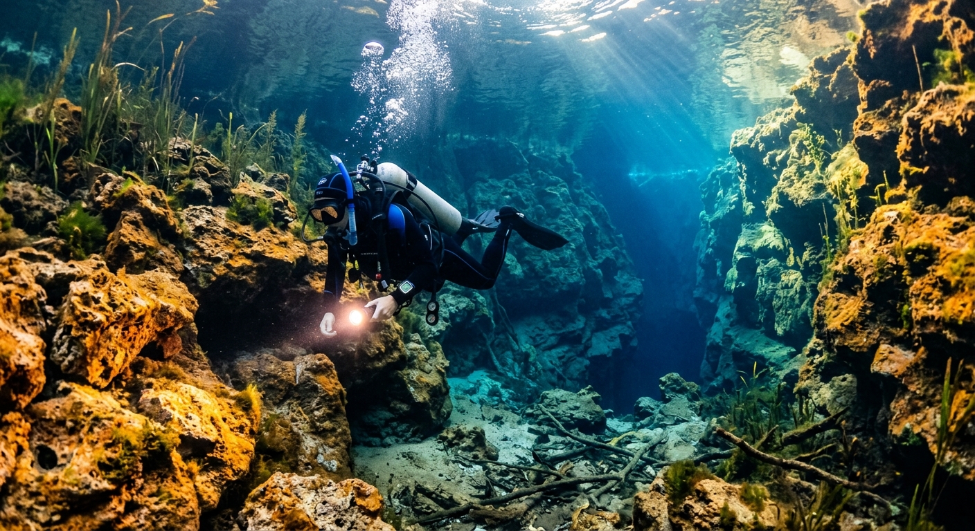 A scuba diver with a flashlight descending into the rocky lower basin of a freshwater spring
