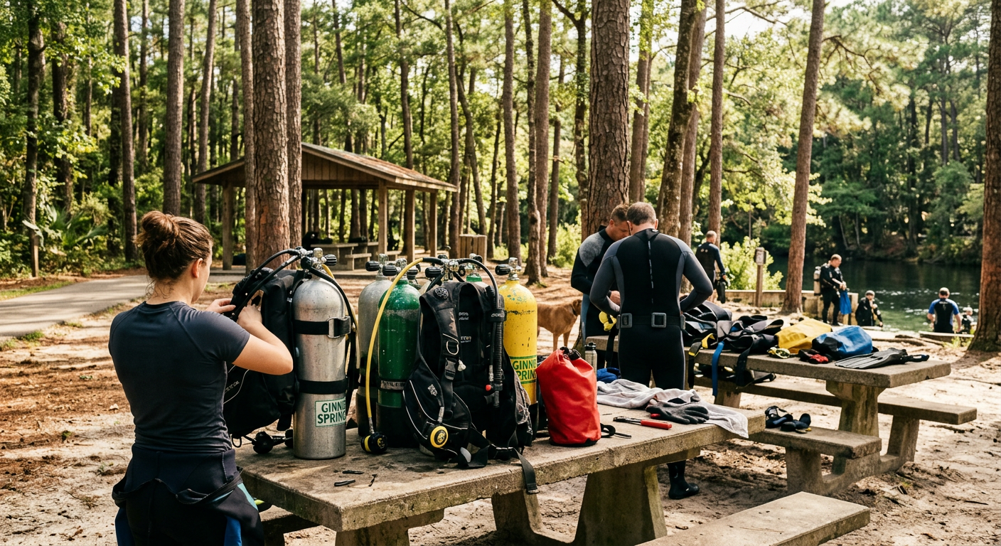 Scuba divers preparing heavy gear tanks on concrete picnic tables under a canopy of Florida pine trees
