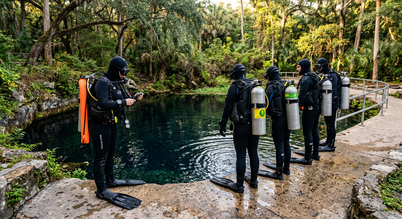 Scuba divers fully geared in thick wetsuits and hoods standing at the concrete edge of a dark spring water basin